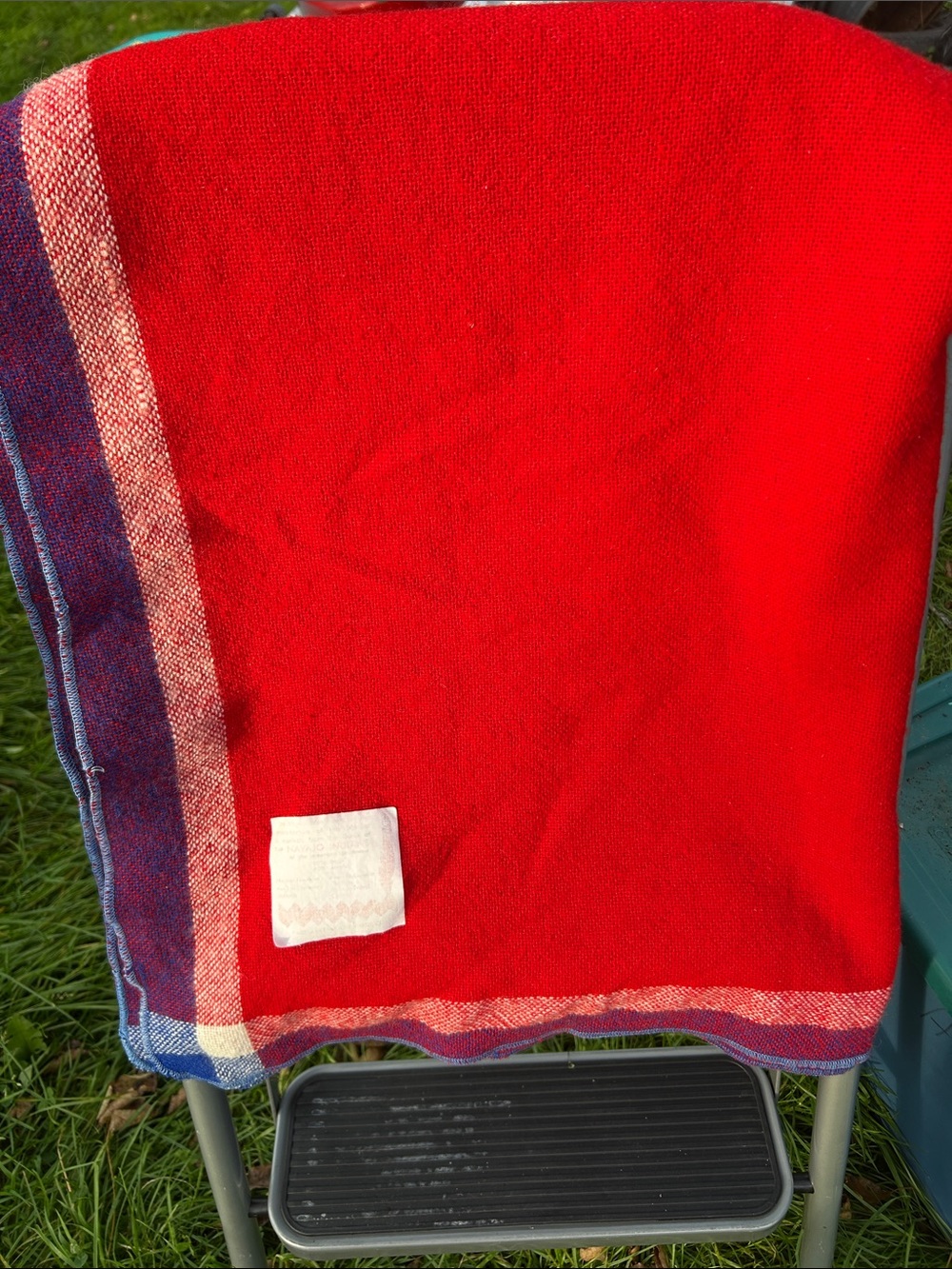 Vint Faribault Navaho Blanket Red/White/Blue Wool/Acry Rustic Americana Western